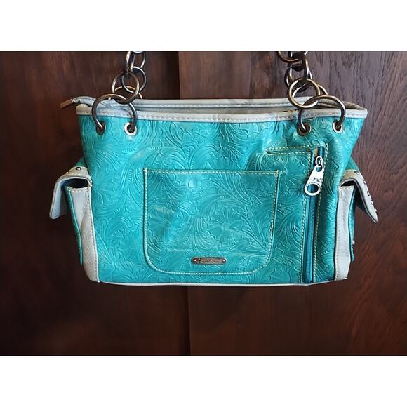 Montana West Studded Conceal Faux Leather Satchel Shoulder Handbag Turquoise Bag - Picture 8 of 11